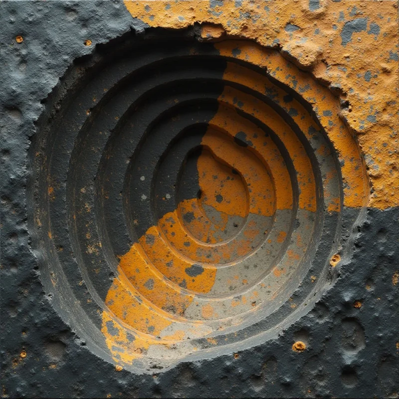 Concentric circular ridges in shades of charcoal gray and ochre yellow create a recessed spiral pattern within a rough, pitted surface. The composition features high-contrast colors and heavy, granular textures that suggest weathered stone or concrete. Light falls unevenly across the grooves, casting shadows that emphasize the depth and layered spatial relationship of the rings.