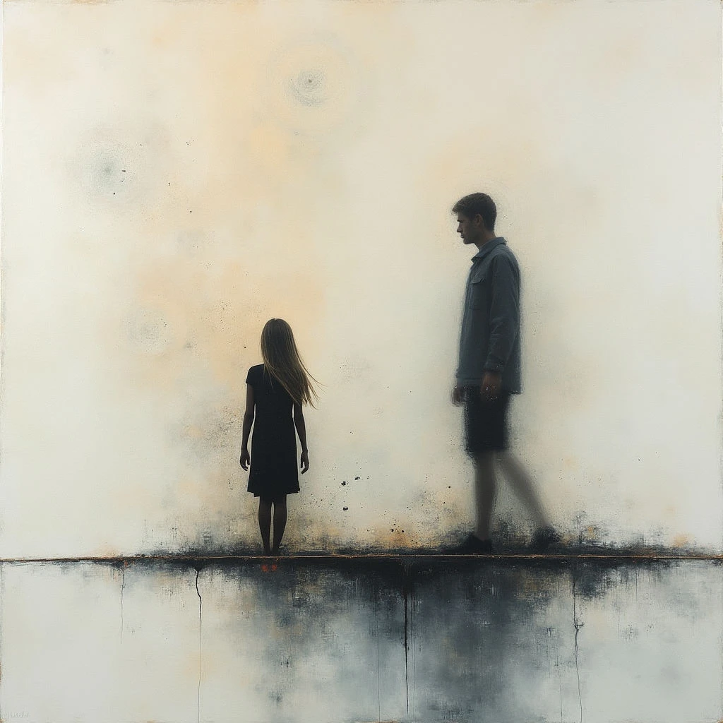 A man and a young girl stand on the edge of a dark, cracked surface, looking out at a hazy expanse. The man is walking away from the viewer, while the girl remains still, appearing small and contemplative. The background is a pale, indistinct wash with subtle circular patterns suggesting distance or memory.