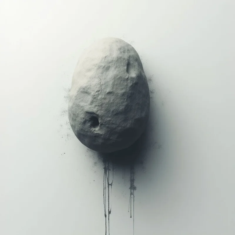 A rough, gray stone shape is pressed against a stark white surface. Dark streaks drip downwards from the bottom of the stone, creating a shadowy stain. The overall impression is minimalist and slightly unsettling, with a focus on texture and contrast.