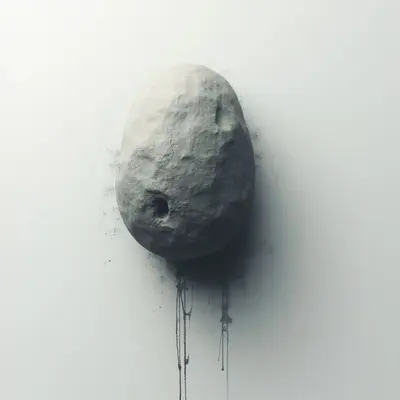 A rough, gray stone shape is pressed against a stark white surface. Dark streaks drip downwards from the bottom of the stone, creating a shadowy stain. The overall impression is minimalist and slightly unsettling, with a focus on texture and contrast.
