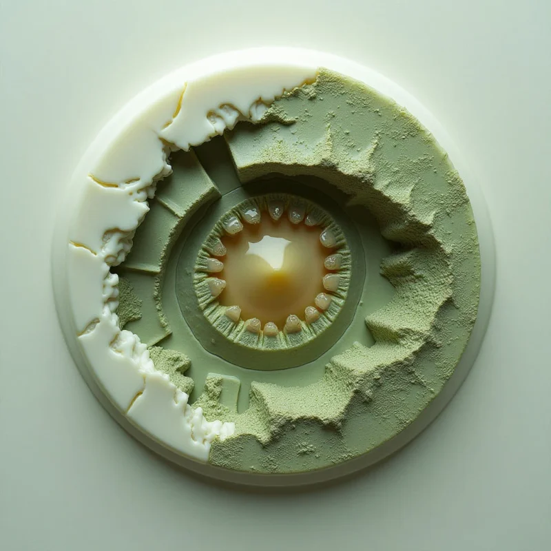 A circular composition features concentric rings of white and olive green with varying textures ranging from smooth to granular and jagged. The center contains a glossy, amber-colored sphere surrounded by small, tooth-like protrusions. Light originates from the upper left, casting soft shadows that define the recessed layers and irregular edges within the structure.
