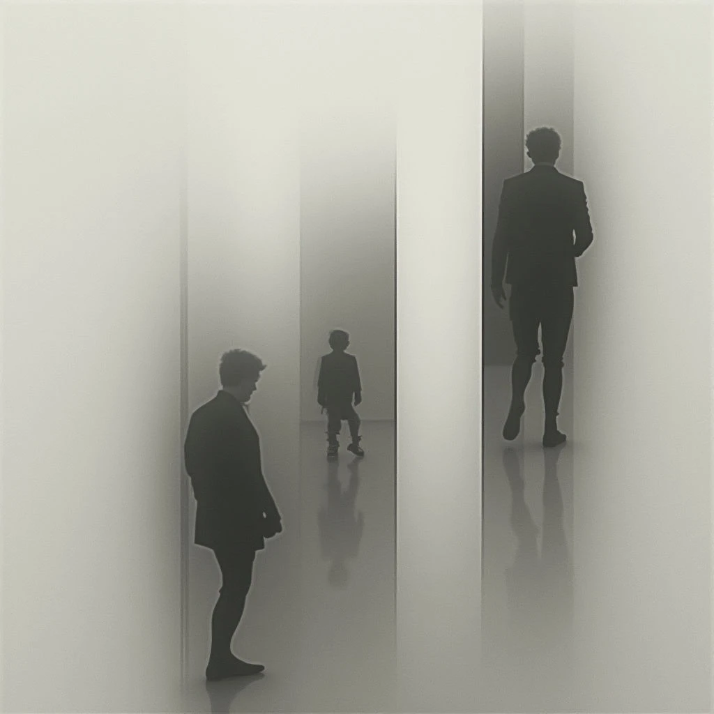 Three figures in dark suits stand in a hazy, minimalist space defined by tall white walls. A man leans against one wall while a child stands alone between him and another man walking away. The scene is starkly lit with a sense of distance and isolation.