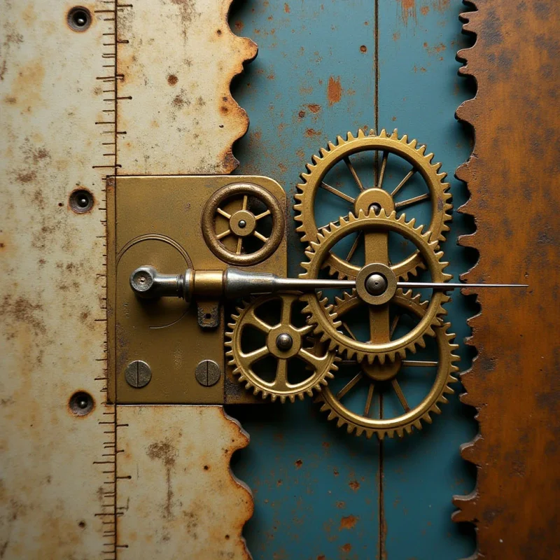 A central cluster of interlocking brass gears sits against a backdrop of weathered blue and cream panels marked by rust and oxidation. Sharp, serrated edges line the vertical boundaries between the colored surfaces, while thin black measurement lines run vertically along the left side. Light falls evenly across the scene, highlighting the metallic sheen of the cogs and the gritty, aged textures of the metal plates.
