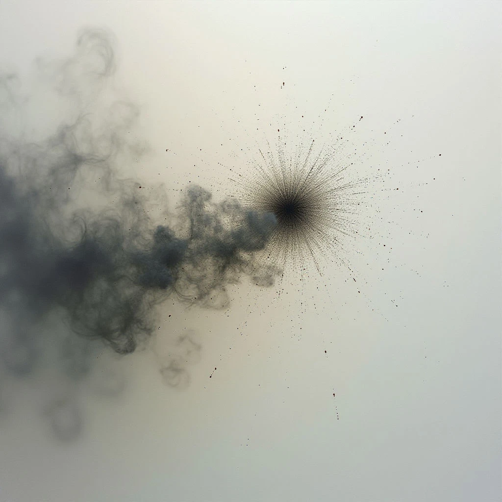 A dark, swirling cloud of smoke appears on the left side of a pale gray background, gradually dispersing into a burst of tiny particles as it moves to the right. The smoke’s initial form is dense and chaotic, while its end transforms into a delicate, radiating pattern. Small flecks are scattered throughout the space where the smoke once was, creating a sense of movement and decay.