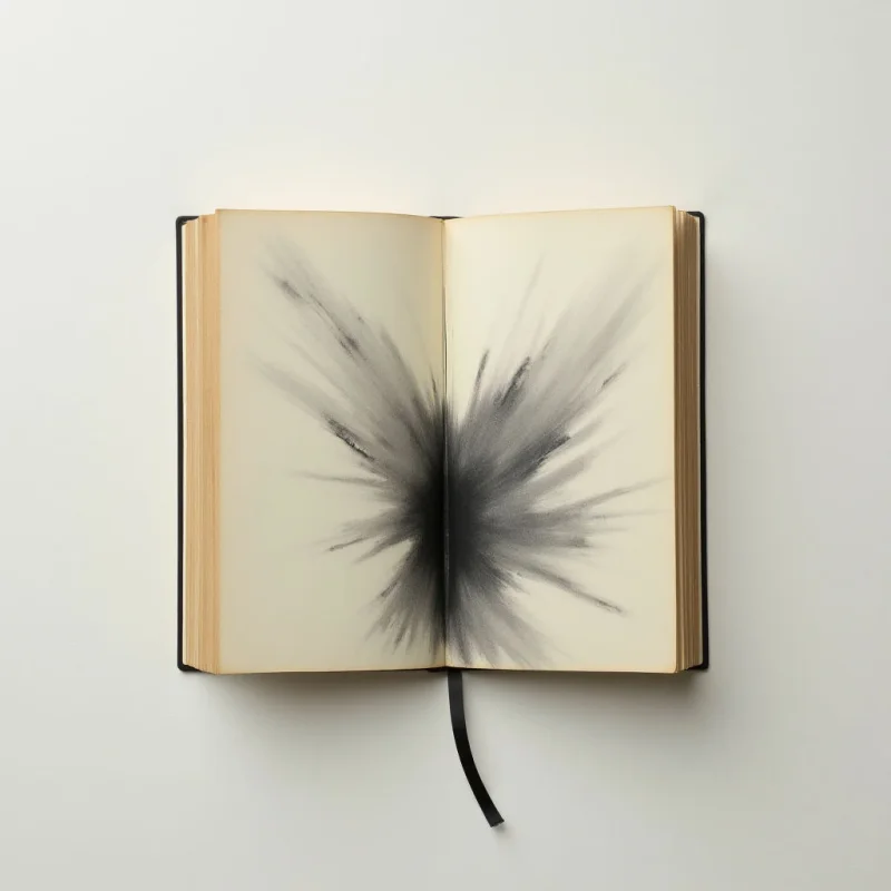 An open book lies flat against a pale background, its pages filled with a dramatic burst of dark ink. The ink spreads outward from a central point, resembling an explosion or feathered wing across both left and right sides. A black ribbon bookmark hangs loosely from the bottom of the book’s spine.