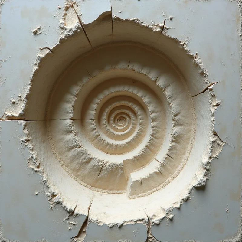 A circular indentation reveals a cream-colored spiral pattern carved into a flat, pale gray surface with a matte, granular texture. The composition features concentric ridges that recede toward a central point, framed by jagged, irregular edges and radiating cracks. Soft, directional light creates subtle shadows within the grooves, emphasizing the depth of the recessed spiral.