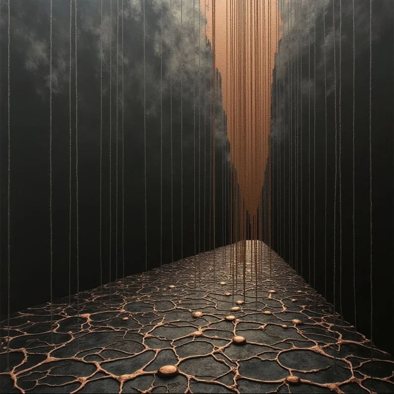 A dark, textured ground with organic, interconnected copper-colored veins stretches toward a central vanishing point under a heavy, clouded sky. Vertical copper lines descend from the upper atmosphere, creating a sense of rhythmic depth against the black backdrop. The composition is defined by sharp linear perspective and a high contrast between deep shadows and metallic highlights.