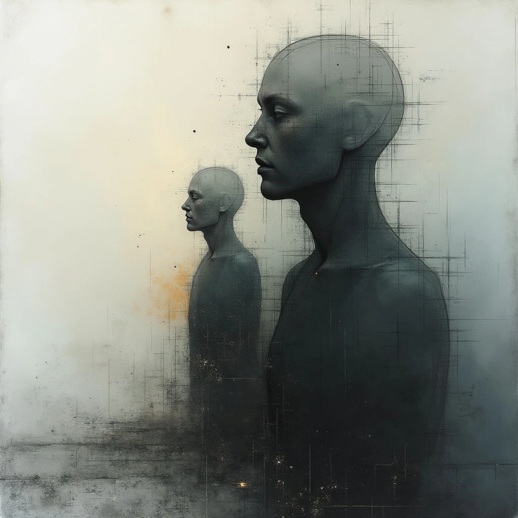 Two bald, slender figures stand in profile against a pale, textured background of grays and blues. The figure on the right is darker and more defined, while the one to its left appears softer and almost translucent, with a hint of orange light beneath it. A network of faint grid lines overlays the scene, suggesting structure or confinement.
