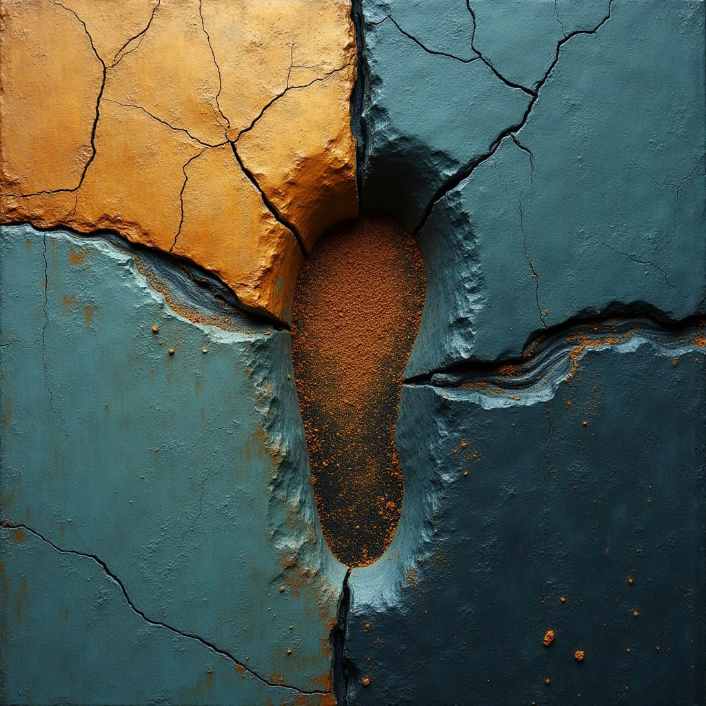The image features a close-up view of two primary textured areas—a warm ochre and a cool teal—separated by a central, vertically oriented crevice filled with fine granular material. Both surfaces are heavily cracked and exhibit irregular edges, suggesting a brittle or fractured composition; the teal area appears to have some small protrusions. Light falls unevenly across the scene, highlighting variations in texture and creating shadows within the cracks and around the central void.