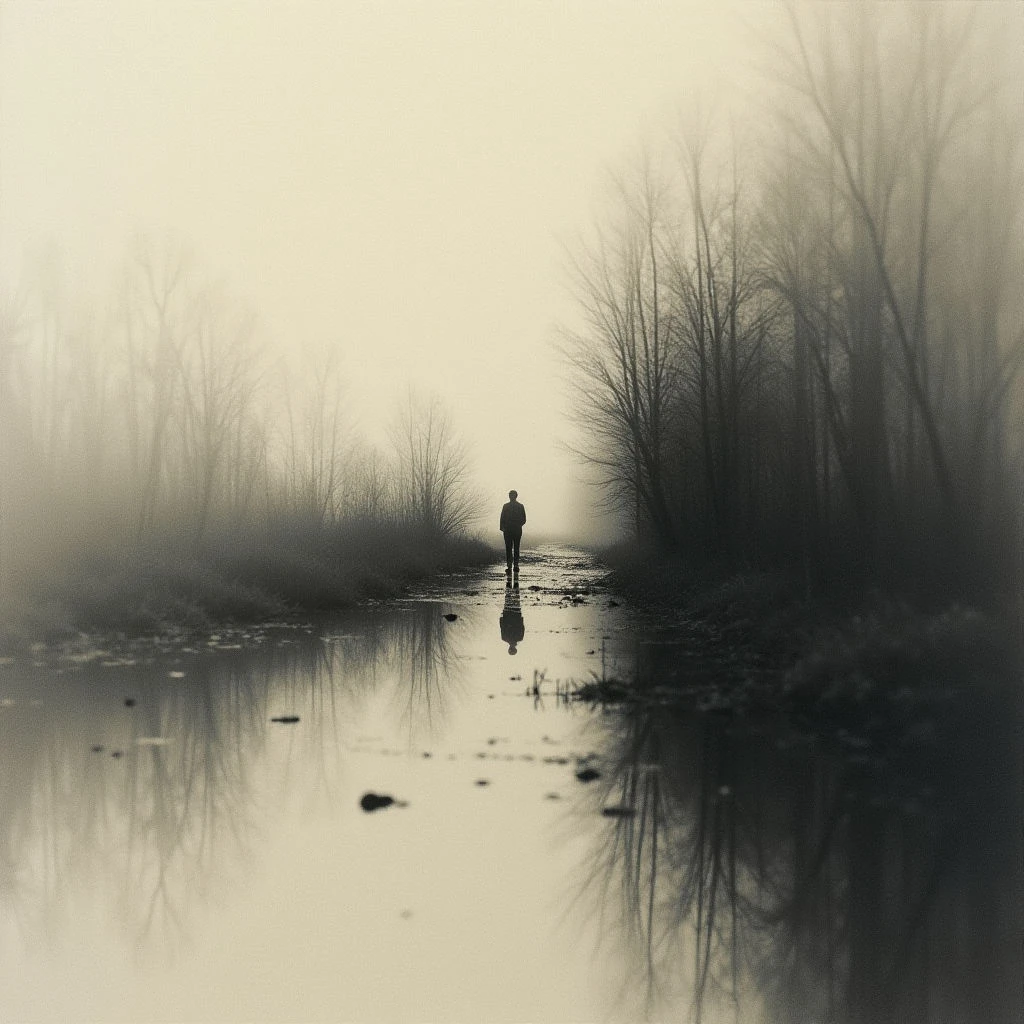A lone figure stands at the end of a watery path, receding into a dense fog. Bare trees line both sides of the water, their reflections mirroring dimly on the still surface. The overall tone is stark and melancholic, with limited contrast emphasizing isolation and quietude.