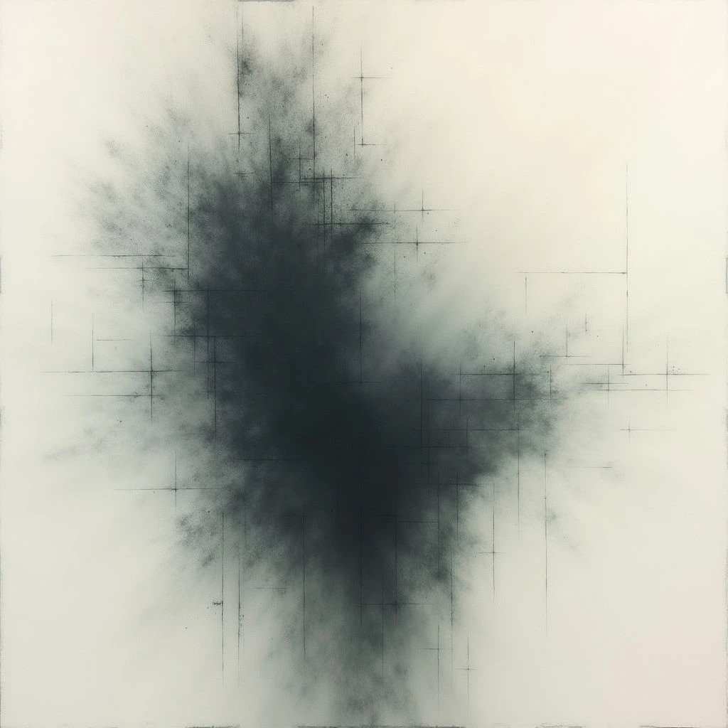 A dark, amorphous shape bursts from the center of a pale background, spreading outwards like smoke or an explosion. Faint grid lines intersect across the image, partially obscured by the darkness but suggesting a structured space beneath the chaotic form. The overall effect is one of both power and fragility, with delicate textures contrasting against the dense central mass.