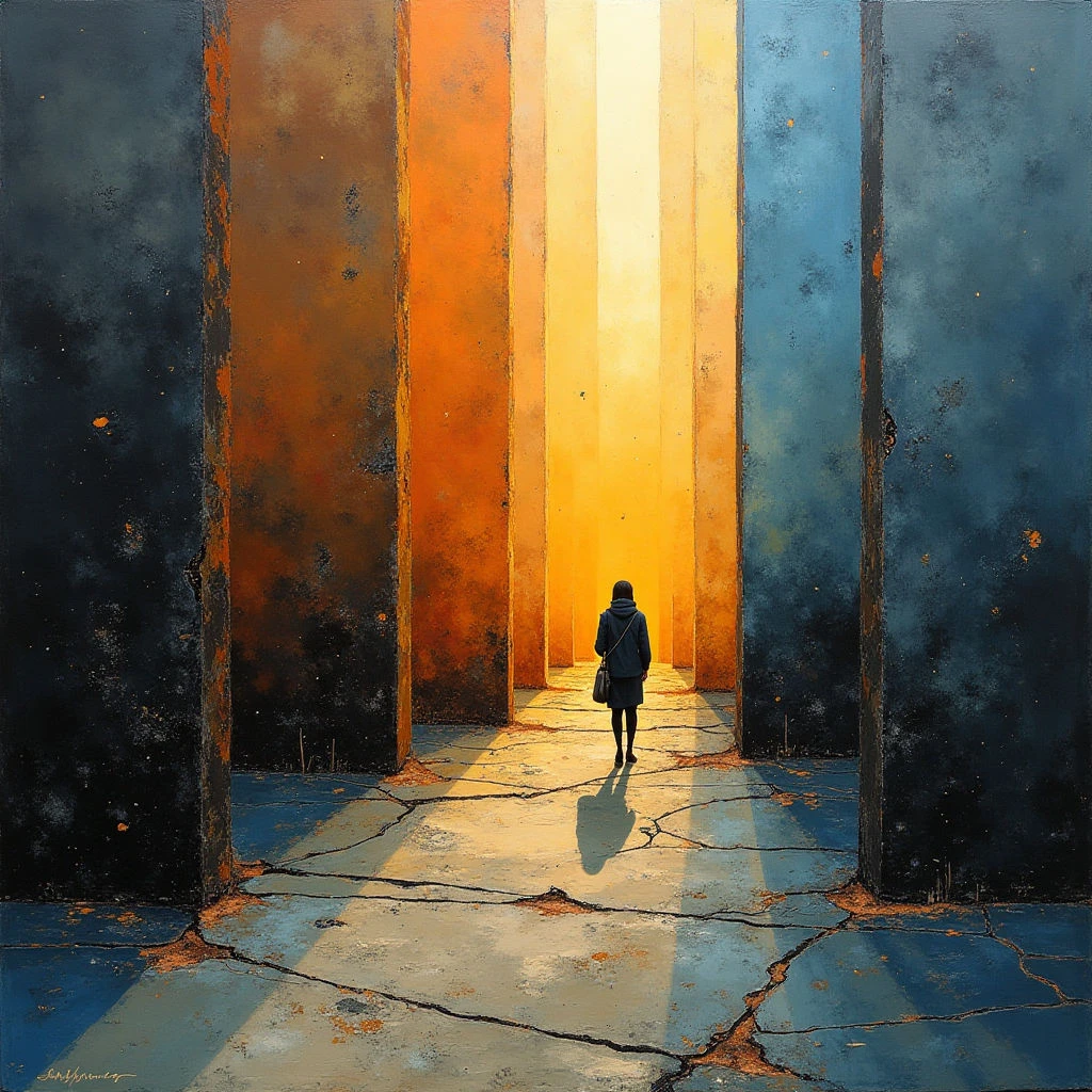 The image features a series of tall, rectangular forms in shades of dark blue, orange, and pale yellow, creating a narrow, vertical space. A textured ground plane with visible cracks is illuminated by strong beams of light emanating from the center, casting long shadows from a solitary figure facing away from the viewer. The composition emphasizes linear shapes and a gradient of color intensity that draws focus toward the bright central area.