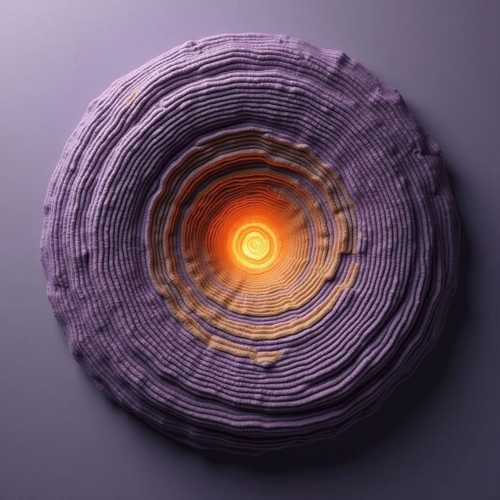 The image features a roughly circular form with concentric rings of textured lavender material radiating outward from a bright central point. The color shifts towards warm oranges and yellows as it nears the center, which appears to emit light.  The overall spatial arrangement suggests depth, with the rings creating an illusion of layers receding toward a glowing core against a muted purple background.
