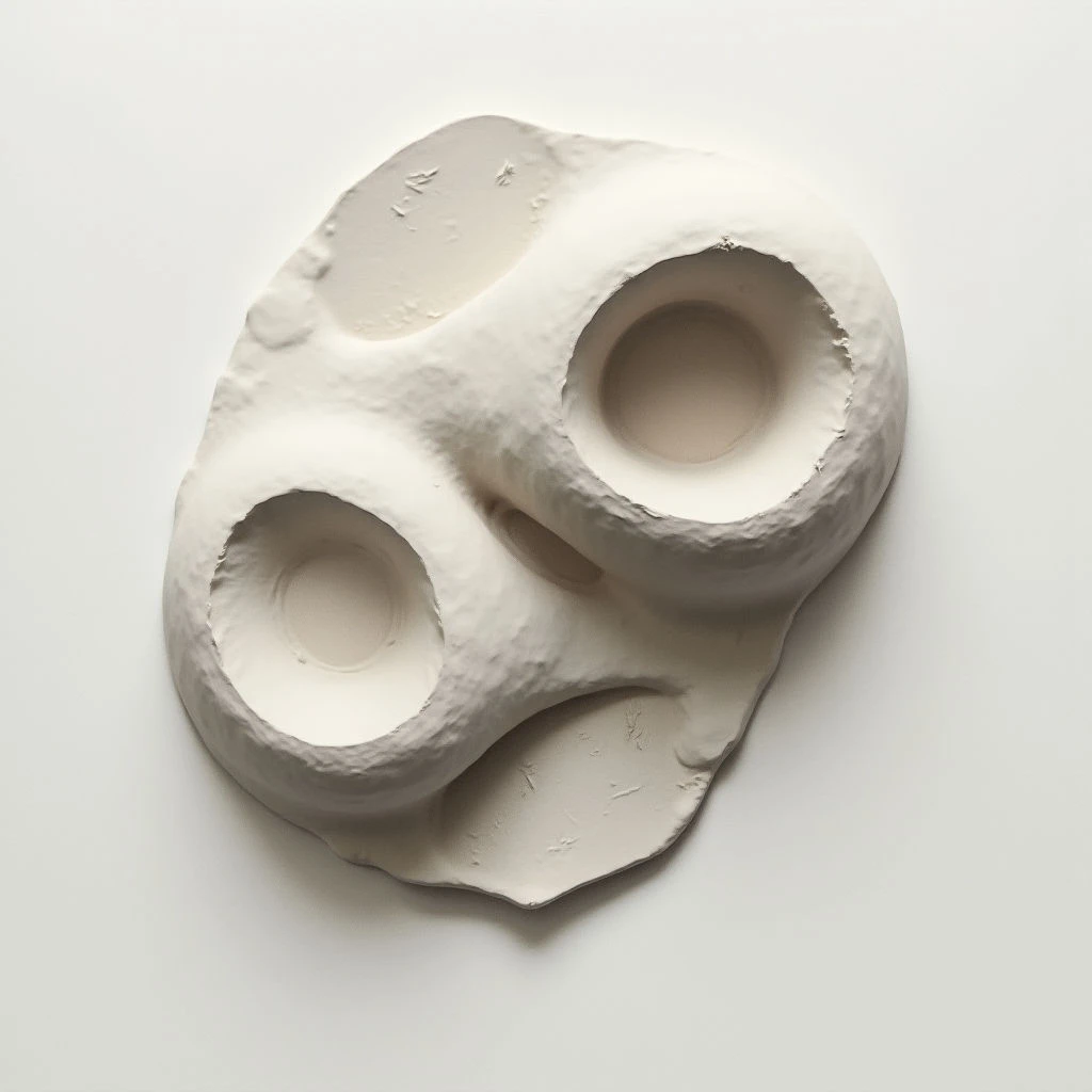 A roughly shaped, off-white form is mounted on a white surface. The object resembles a distorted face with two deep circular indentations suggesting eye sockets. Its texture appears uneven and slightly cracked, giving it an organic, almost stone-like quality.