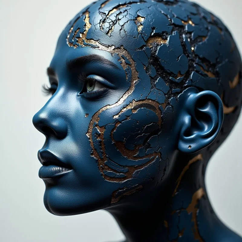 A deep blue humanoid profile features a textured surface marked by irregular, golden cracks that meander across the skin. The composition is set against a plain, light gray background, creating a sharp contrast with the dark, matte tones of the figure. Soft, directional light defines the contours of the face and emphasizes the jagged depth within the metallic fissures.