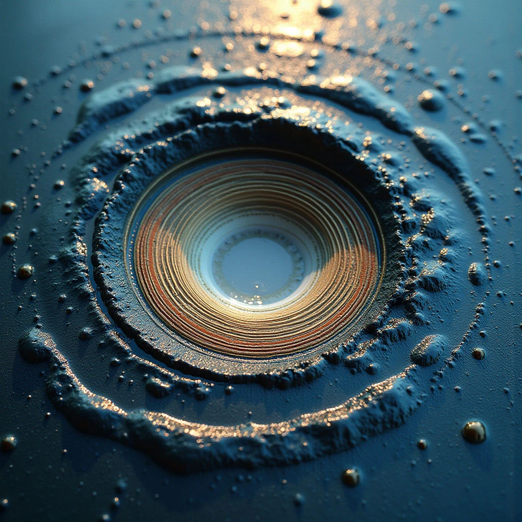 The image features a central circular disturbance in a dark blue surface, radiating outwards with concentric rings of textured ripples. A warm golden hue is concentrated towards the center of the circle, contrasting with the cooler tones of the surrounding material and scattered droplets. Light reflects off both the water’s surface and the raised edges of the ripples, creating highlights and suggesting depth within a shallow spatial plane.