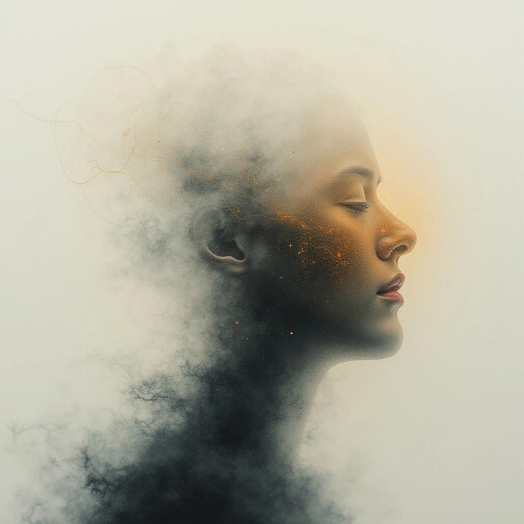 A woman’s face is shown in profile, her eyes closed as if in peaceful contemplation. Her form seems to be dissolving into dark smoke that rises from below, speckled with golden light around her cheekbone and temple. Wisps of thin, glowing lines float above her head against a pale background.