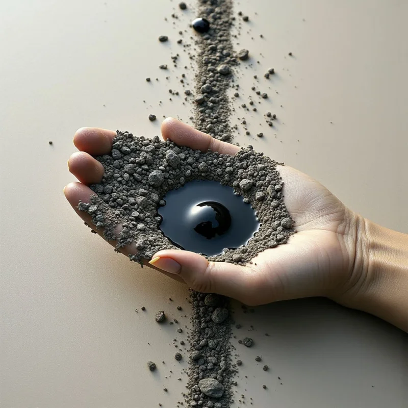A pale, smooth surface is bisected by a vertical trail of dark, granular sand and small pebbles. A human hand rests across this line, cupping a mound of coarse grey grit that surrounds a pool of reflective, pitch-black liquid. Soft light creates gentle shadows around the textures of the skin and the uneven particles of the earth.