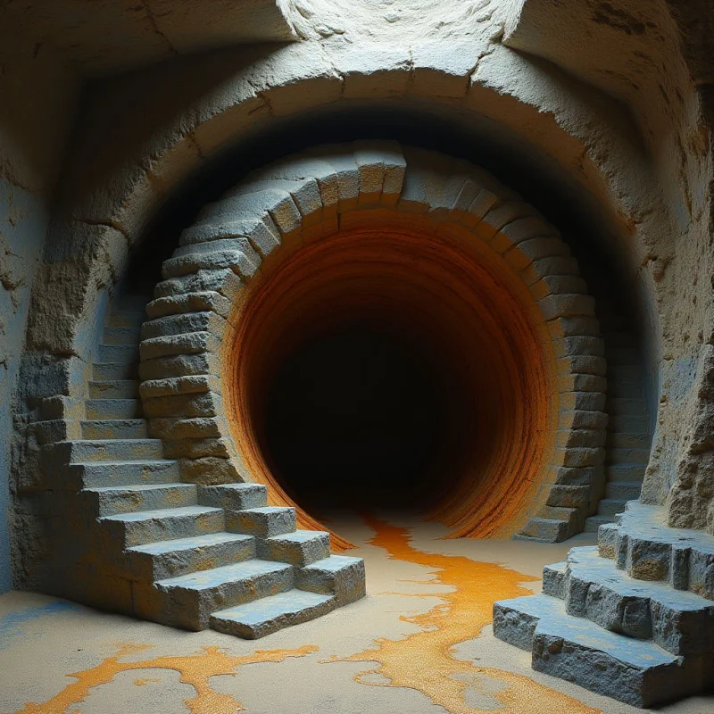 A circular stone tunnel with rough, layered textures is framed by heavy, arched masonry in shades of gray and beige. Warm orange light illuminates the interior curves of the passage and flows across the ground in winding, granular paths. The composition centers on a dark, hollow void that recedes into deep shadow, flanked by geometric stone steps that lead toward the opening.