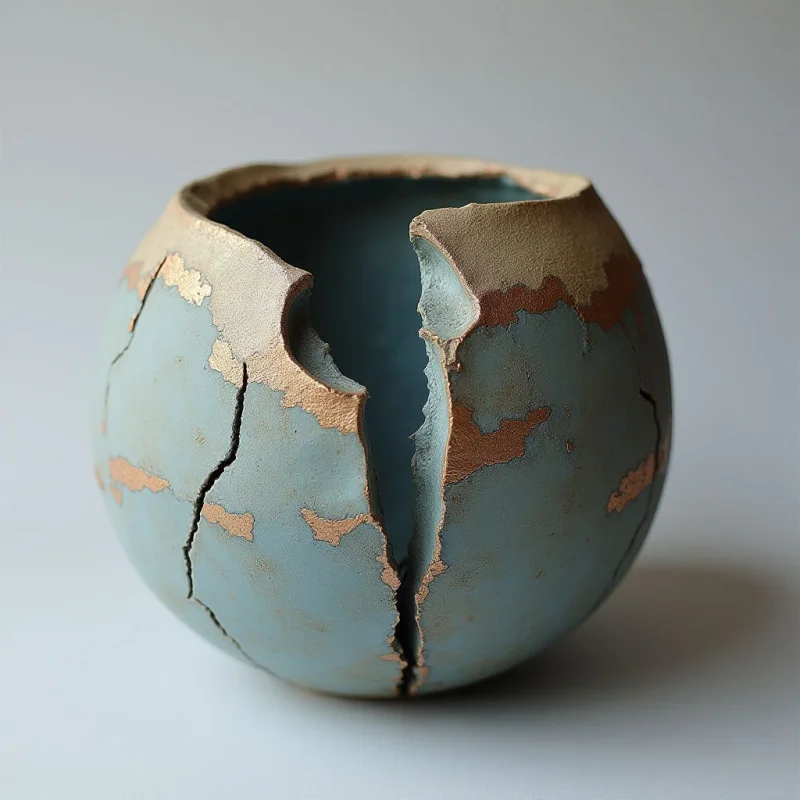 A spherical, matte light-blue ceramic vessel features jagged cracks and irregular missing sections that reveal a rough, tan interior. The object sits centrally against a seamless, pale gray background under soft, diffused lighting that casts a subtle shadow beneath it. Gold-toned accents trace the broken edges, contrasting with the smooth, cool surface of the sphere.