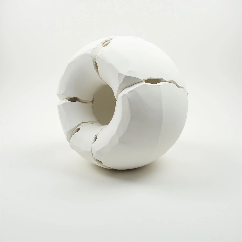 A white, spherical object is broken into several large pieces, forming a hollow, jagged opening. The fractured form rests on a smooth, light-colored surface and casts a subtle shadow. Its clean lines and stark color contrast with the disruption of its shattered state.