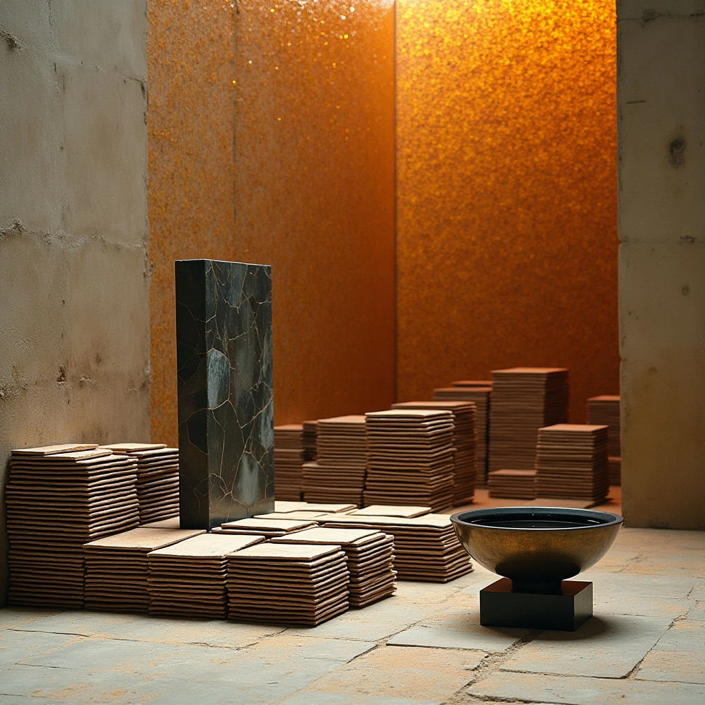 The scene features a predominantly warm color palette with shades of ochre and brown contrasted by a dark grey vertical form. Stacks of rectangular tiles in varying sizes are arranged across the floor, receding into the space alongside textured walls—one smooth and light, the other densely covered in small, reflective elements. A rounded vessel sits centrally on a low pedestal, reflecting the surrounding tones, while soft lighting emphasizes the materials' surfaces and casts subtle shadows.