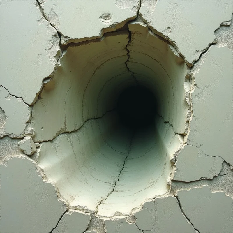 A large, jagged circular opening dominates a pale, off-white textured surface marked by numerous cracks. The interior of the hole forms a deep, conical tunnel that transitions from light grey to an impenetrable black void at its center. Light hits the outer edges and upper inner walls of the cavity, creating subtle shadows that define the depth and spiral shape of the passage.