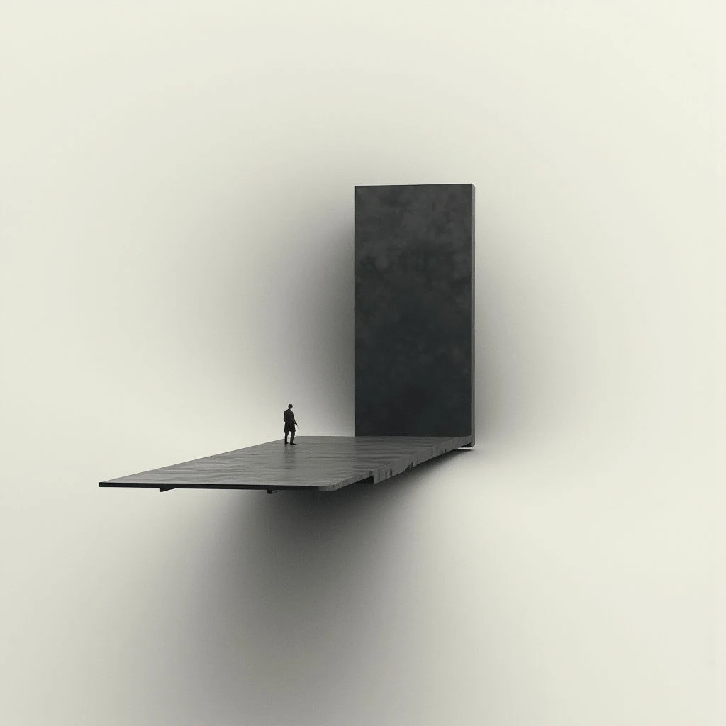 A lone figure stands on a long, flat platform suspended in empty space. A massive dark monolith rises vertically from the end of the platform, casting a stark shadow below. The entire scene is bathed in soft, diffused light with no visible horizon or grounding elements.