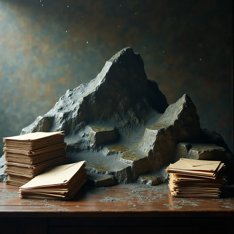 The scene features a dark, jagged mountain form rising from a polished wooden surface, flanked by two stacks of brown envelopes. A muted color palette dominates, with shades of gray and brown contrasted against a darker, textured backdrop; light appears to fall unevenly across the mountain's rough peaks and the smooth planes of the envelopes. Spatial relationships suggest a miniature landscape constructed on a tabletop, with depth created through shadow and scale.