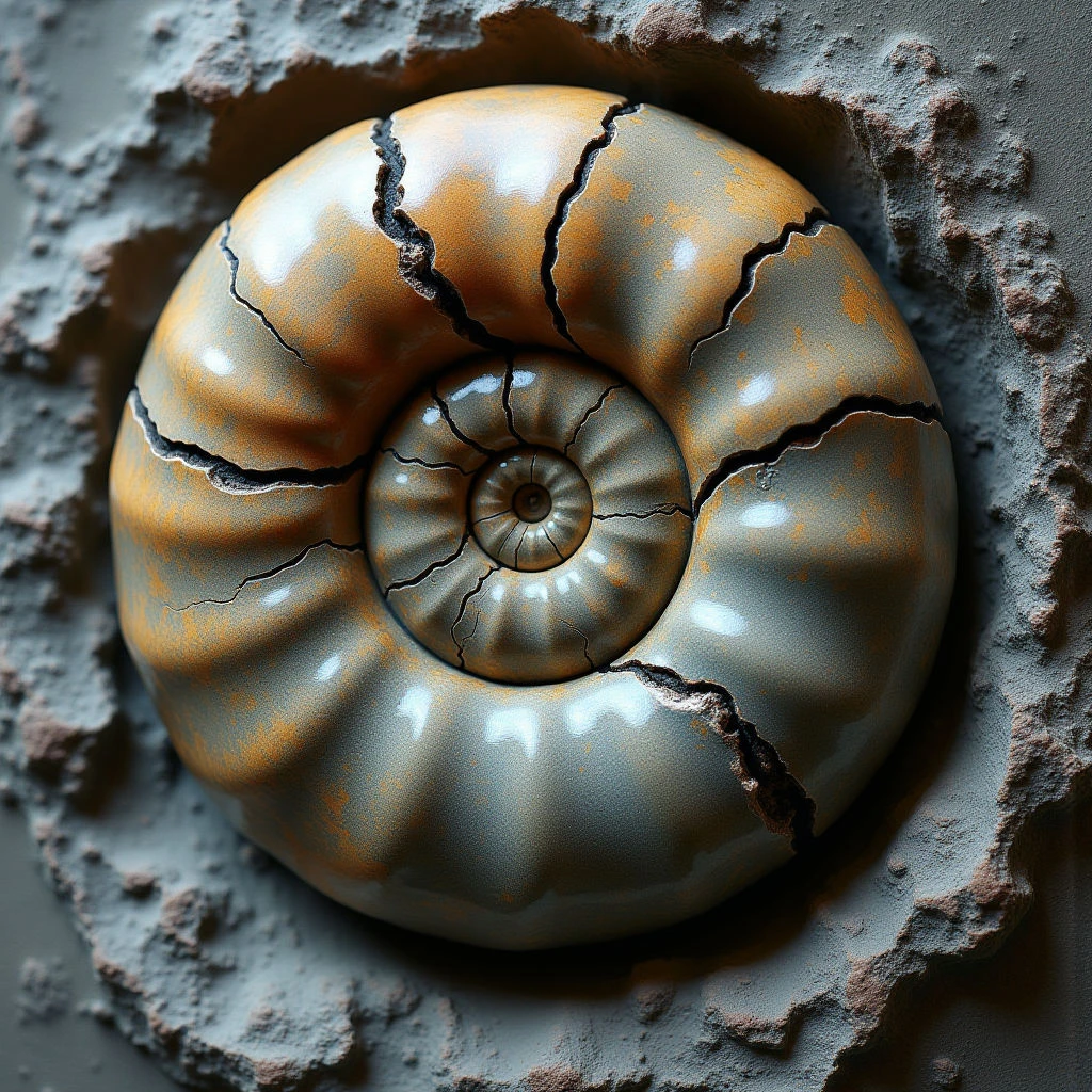 The central form is a spiraled shell with a gradient of warm brown to cool gray tones, bisected by dark cracks. It appears embedded within a rough, textured surface also predominantly gray in color, though exhibiting warmer hues around the edges of the shell’s placement. Light sources create highlights on the smooth curves of the shell and cast shadows within the crevices of both it and the surrounding material, suggesting depth and three-dimensionality.