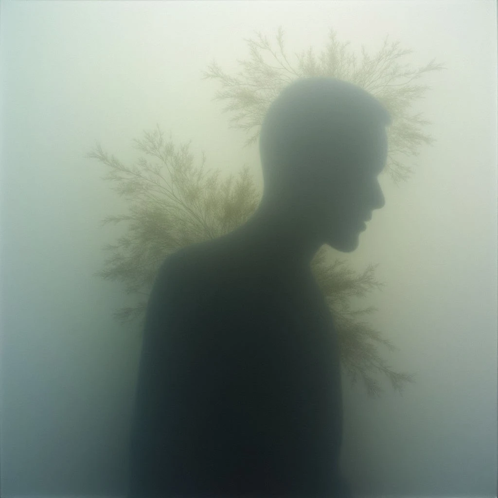 A dark silhouette of a person’s head and shoulders is visible against a hazy, pale green background. Branch-like forms seem to grow from the back of their head, blending with the mist around them. The overall impression is ethereal and dreamlike, suggesting a connection between mind and nature.