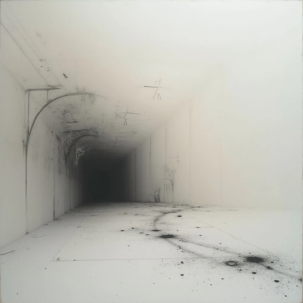 A long, narrow corridor stretches into darkness, its walls and ceiling a pale gray. Streaks of grime or markings run along the surfaces, and faint shapes suggest additional openings further down the passage. Dark smudges and trails are scattered across the floor, hinting at movement within the otherwise empty space.