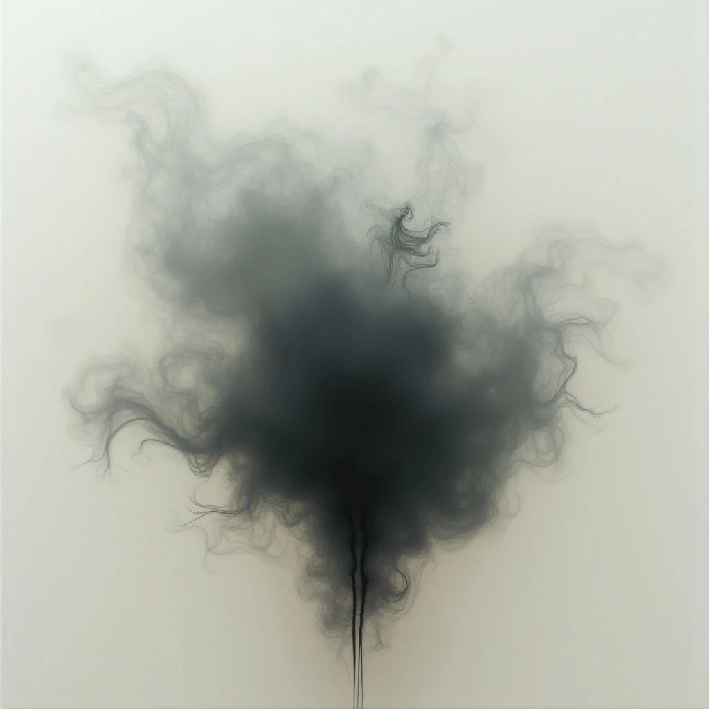 A dark, amorphous shape resembling a tree or cloud dominates the center of a pale background. Wispy tendrils extend outwards from the central mass, creating a blurred and ethereal effect. The overall impression is one of quiet intensity and subtle drama against a starkly neutral space.
