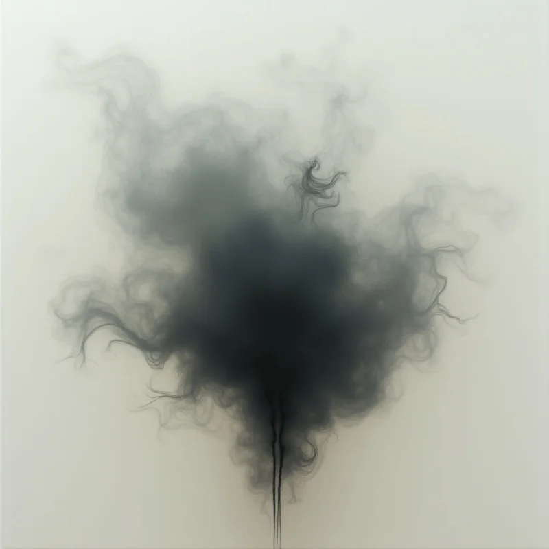 A dark, amorphous shape resembling a tree or cloud dominates the center of a pale background. Wispy tendrils extend outwards from the central mass, creating a blurred and ethereal effect. The overall impression is one of quiet intensity and subtle drama against a starkly neutral space.