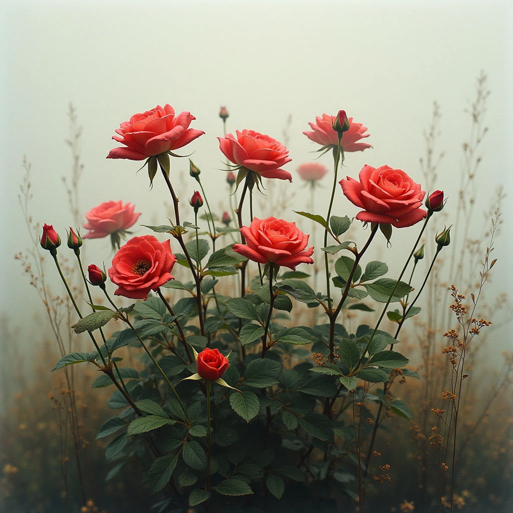 A vibrant cluster of red roses blooms amidst a field of soft, hazy grasses. The flowers are at various stages – some fully open, others still buds – and stand out against the muted, foggy backdrop. Dewdrops cling to the petals and leaves, adding a delicate freshness to the scene.