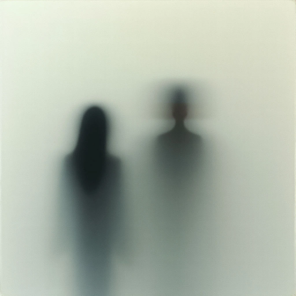 Two figures stand close together, almost blending into a pale background. They are heavily blurred, making it difficult to discern distinct features beyond their approximate shapes and the suggestion of clothing. The overall impression is one of distance, ambiguity, and perhaps even fading memory.