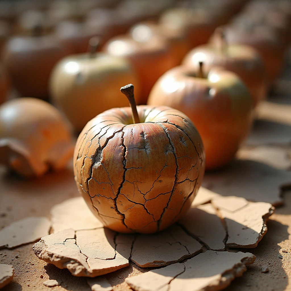 The image features a collection of spherical forms in varying shades of brown and ochre, with one prominently cracked apple in the foreground. Rough, fragmented textures dominate both the surface of the central fruit and the ground plane it rests on, contrasting with the smoother appearance of apples receding into the background. Warm light casts shadows and highlights across the scene, creating a sense of depth and emphasizing the spatial arrangement of the objects clustered together.