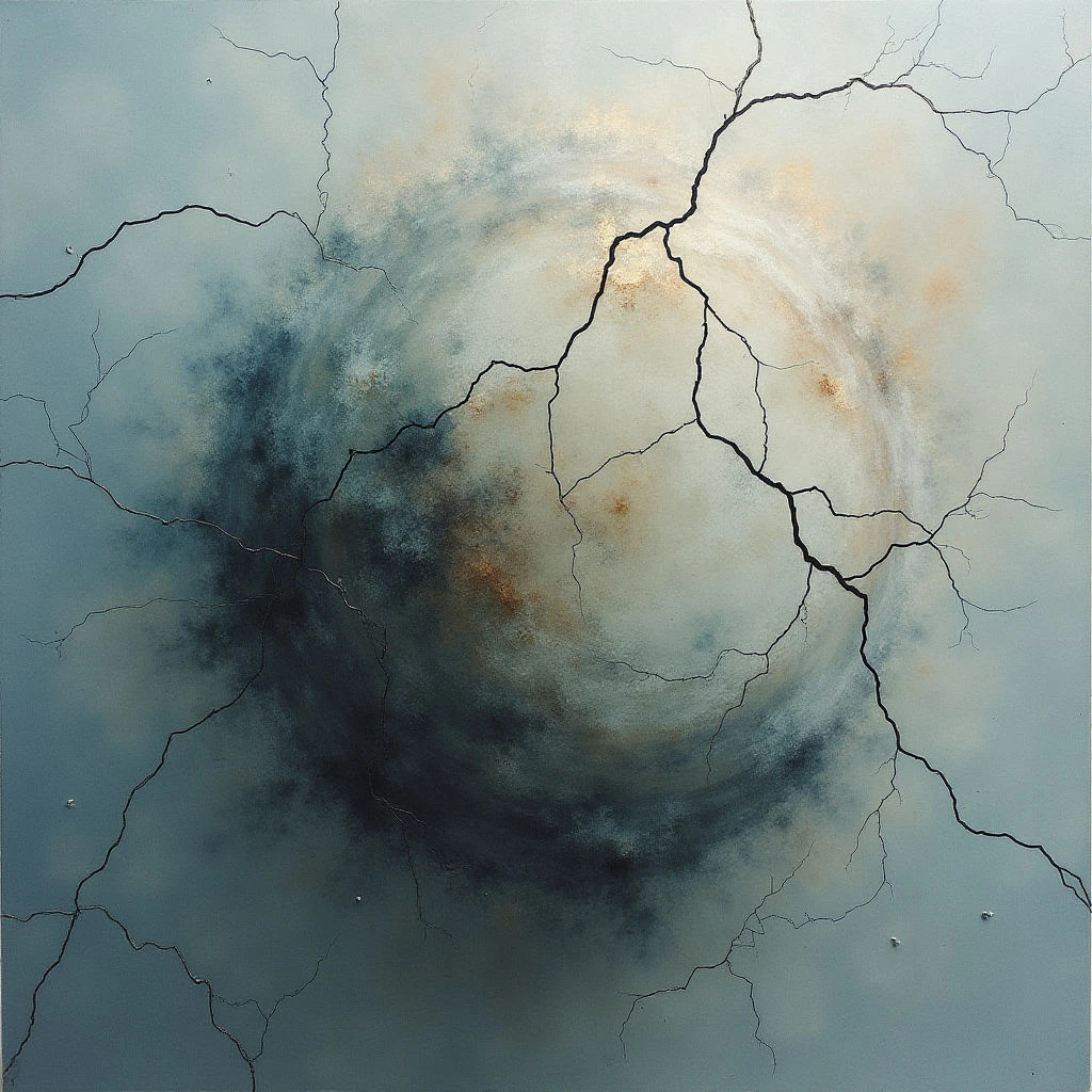 A dark, swirling mass dominates the center of a pale blue field, resembling a storm or shadowed form. A network of fine, black cracks spreads across the entire surface, like fissures in dry earth or broken glass. Small specks are scattered around the periphery, suggesting distant points of light or debris.