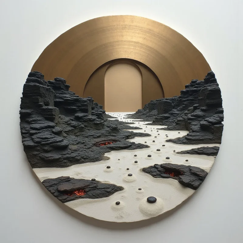 The work features a contrasting palette of dark gray and off-white tones, with a circular golden element framing a lighter interior space. Rough, textured formations define the foreground landscape while smoother surfaces suggest receding planes and distant areas, creating depth. A central arched opening provides a focal point, drawing the eye into a softly illuminated, neutral-toned void beyond the sculpted terrain.