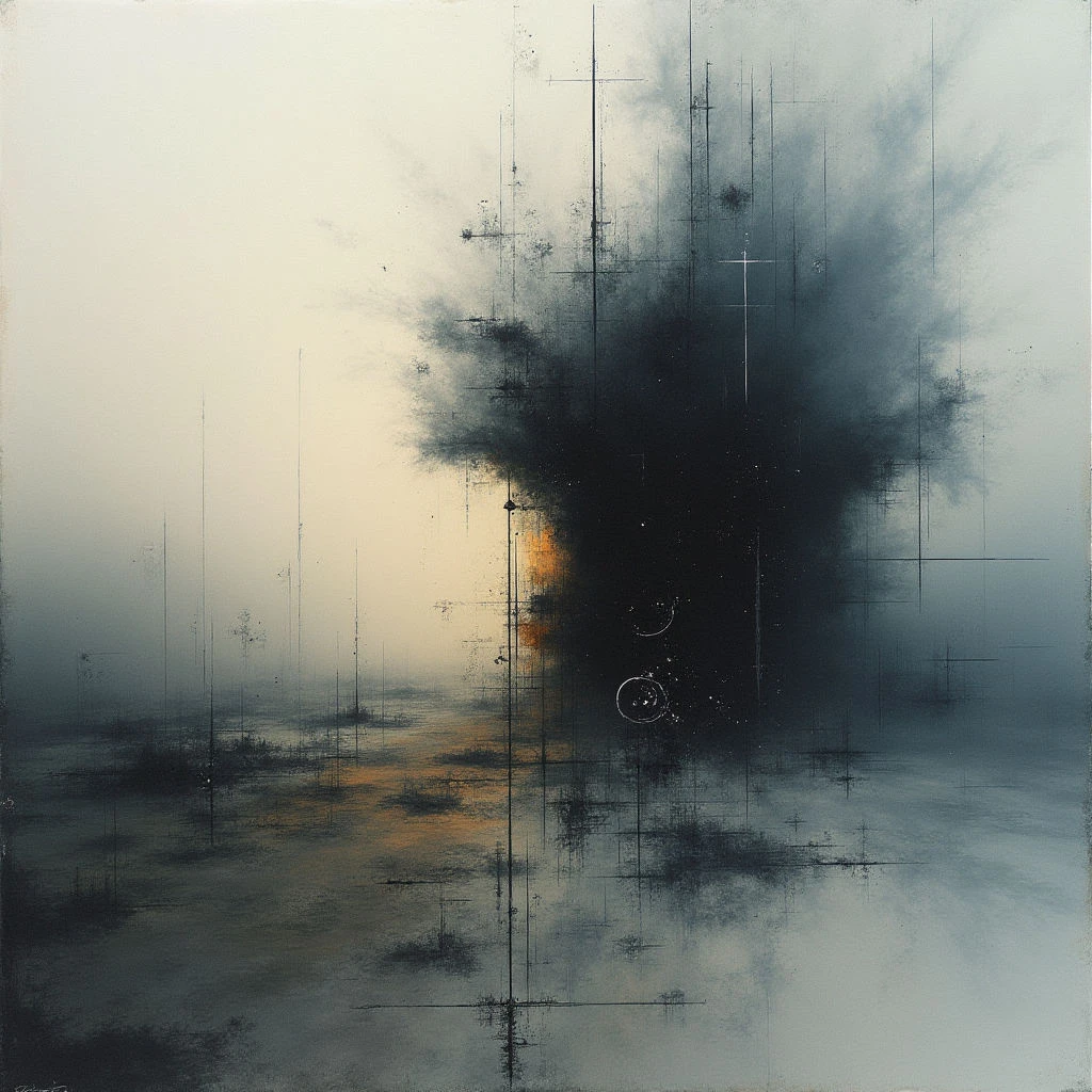 A dark, amorphous shape dominates the center of a hazy, grey and gold landscape. Thin, vertical lines intersect throughout the composition, creating a sense of structure within the mist. Warm light flickers beneath the central form and is reflected faintly in the lower portion of the scene.