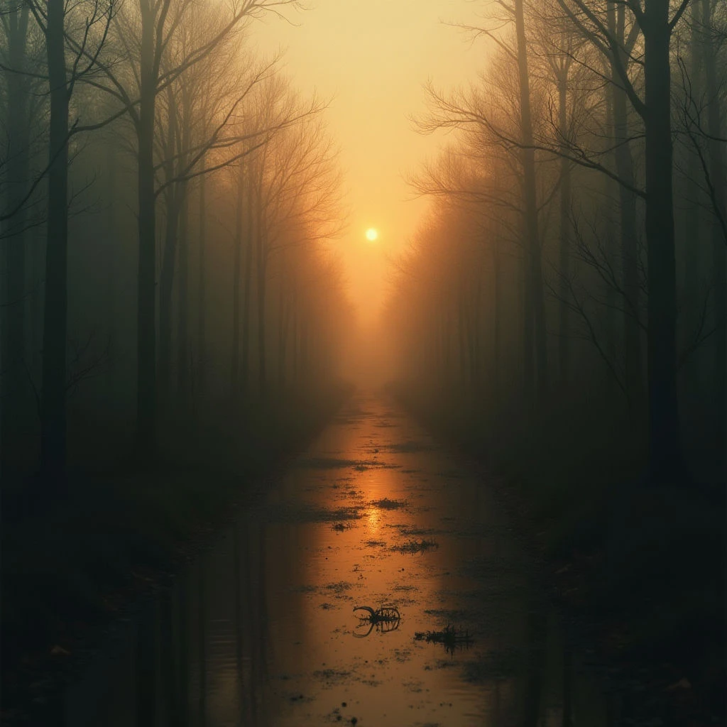 A dense forest path stretches towards a bright, hazy sunset visible at the end of the trail. The ground is wet and reflects the golden light, with an abandoned bicycle lying forlornly in a puddle. Bare trees line both sides of the path, creating a sense of quiet isolation.