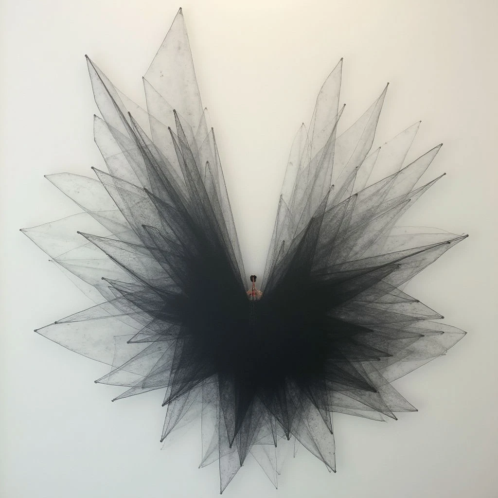 A dark, radiating burst of fragmented shapes dominates the center of a white wall. The form resembles an explosion or perhaps wings spread wide, constructed from layers of translucent material that darken towards the core. A small, detailed figure is visible at the very heart of the shadowy mass.