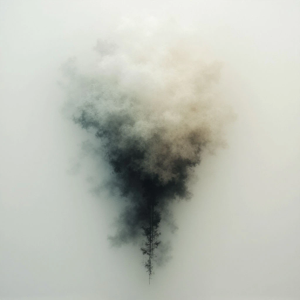A dark, silhouetted tree rises from a dense fog, its form obscured by swirling smoke. The smoke transitions from black at the base to lighter grays and whites as it ascends into a pale sky. The overall effect is ghostly and ethereal, suggesting loss or transformation.
