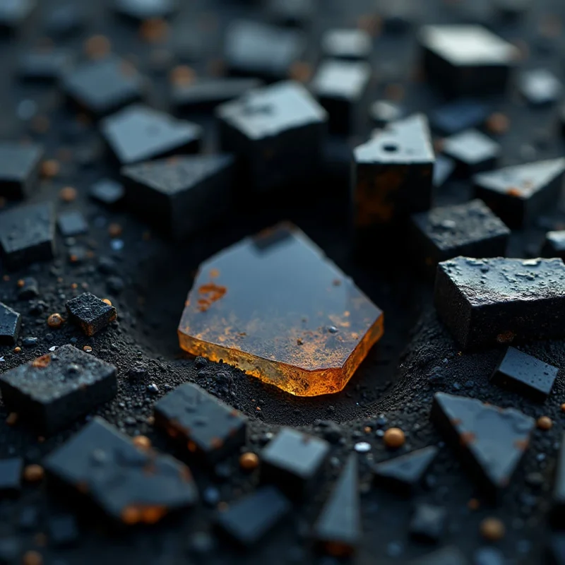 A central, translucent amber polygon rests within a dark, textured crater surrounded by scattered black geometric fragments. The composition features sharp angles and jagged edges set against a grainy, matte surface of deep charcoal and navy tones. Soft light reflects off the smooth, glassy face of the amber shape, contrasting with the rough, granular textures of the surrounding debris.
