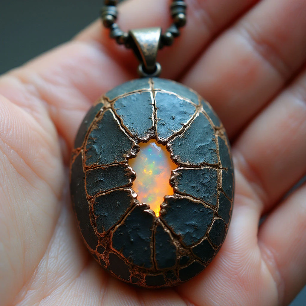 The image features a dark, textured pendant held in a hand against a blurred background. The pendant is oval shaped with a cracked surface revealing a bright, iridescent orange and blue stone at its center, contrasted by the darker metal surrounding it. Light reflects off both the smooth skin of the hand and the facets of the central stone, creating highlights and shadows that emphasize depth within the composition.