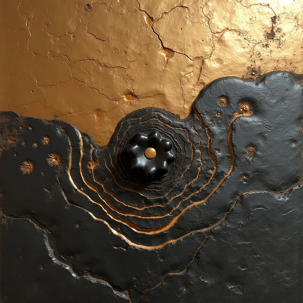 The image features a stark contrast between a textured, golden upper section and a dark, layered lower portion. The darker area displays concentric, wave-like shapes emanating from a central, raised black form with small, starburst-like protrusions scattered around it; thin gold lines trace the edges of these layers. Light appears to be coming from above, creating highlights on both surfaces and emphasizing the cracked texture of the golden section while casting shadows within the folds of the darker one.