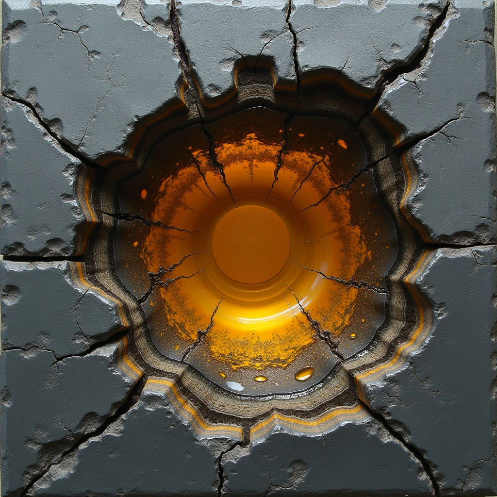 The image features a central pool of bright orange liquid contained within a fractured gray surface. The surrounding material is heavily textured with cracks and rough edges, contrasting sharply with the smooth, reflective quality of the liquid. Light appears to originate from within the pool itself, creating highlights and shadows that emphasize its depth and the irregular shape of the containing cavity.