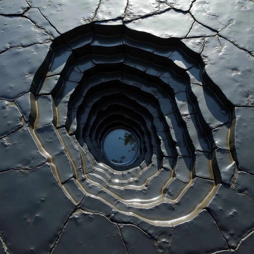 The image features a circular opening descending into darkness, surrounded by cracked and uneven terrain. Shades of dark gray and black dominate the composition, with lighter tones outlining the edges of the concentric rings within the hole and highlighting surface textures. Light casts shadows along the inner walls of the opening and across the fractured ground, creating depth and emphasizing the spatial relationship between the well-like structure and its surrounding environment.