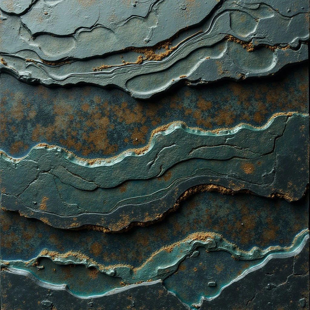 The image presents a layered composition of deep teal and dark blue tones accented with streaks of gold. A rough, uneven texture dominates the surface, created by raised ridges and granular deposits that resemble sediment or sand. Light appears to fall across the peaks of these layers, creating shadows within the crevices and suggesting depth despite the largely flat spatial arrangement.
