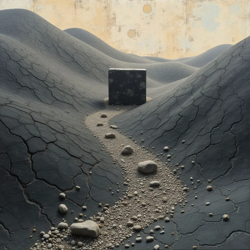 A dark, textured landscape of cracked, undulating hills is bisected by a winding path of small, pale stones. A singular, matte black cube sits centered in the midground against a muted, parchment-colored sky. Soft, diffused light creates subtle shadows within the crevices of the earth and along the edges of the stone trail.